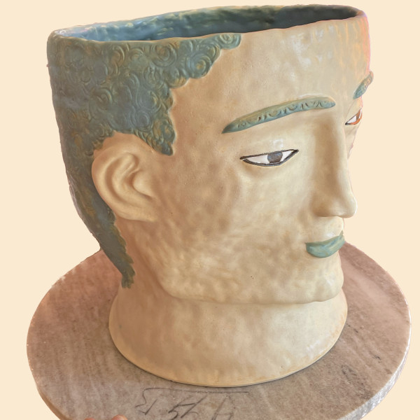 Large Head Pot with Blue Smile by Nell Eakin