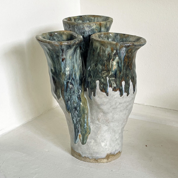 Triple Vase  with Blue Green Drips by Nell Eakin