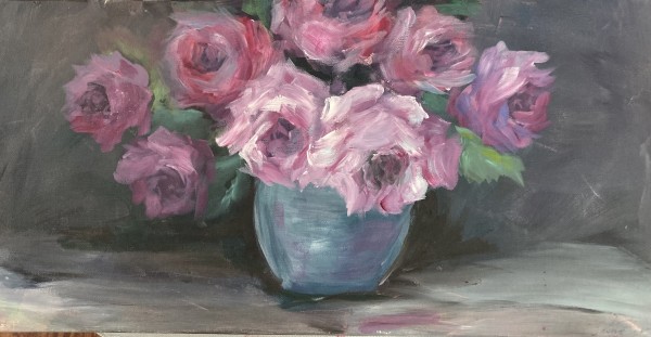 Ruby Roses in Blue Vase by Amy B. Carroll