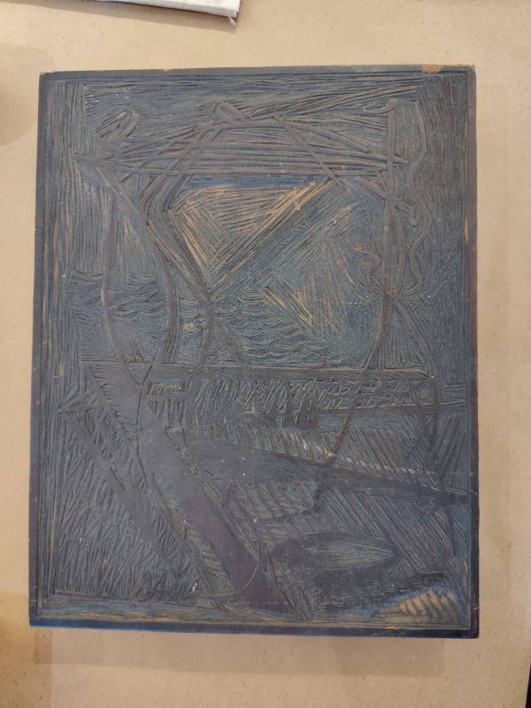 Tree and Strait Linocut Block by Esther Webster