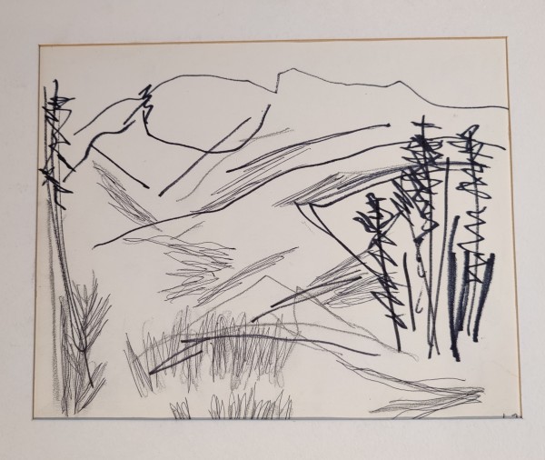 Untitled or unknown title, described as Black and white mountain with trees by Esther Webster