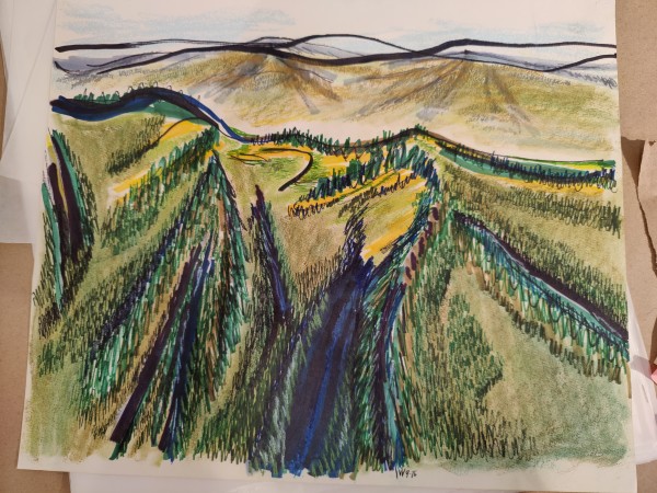 Untitled or unknown title described as  Green Mountains Yellow Highlights by Esther Webster