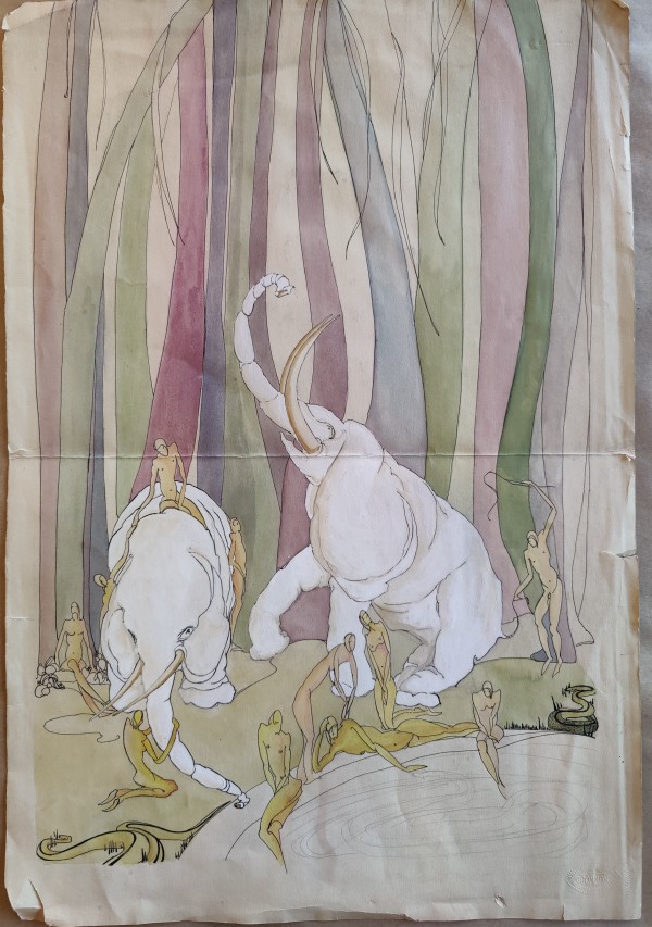 Untitled or Unknown Title, described as elephants and figures at a pond by Esther Webster
