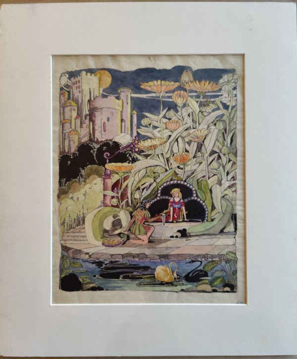 Untitled or Unknown Title, described as Prince and Princess in a fantasy land with swans and caslte by Esther Webster