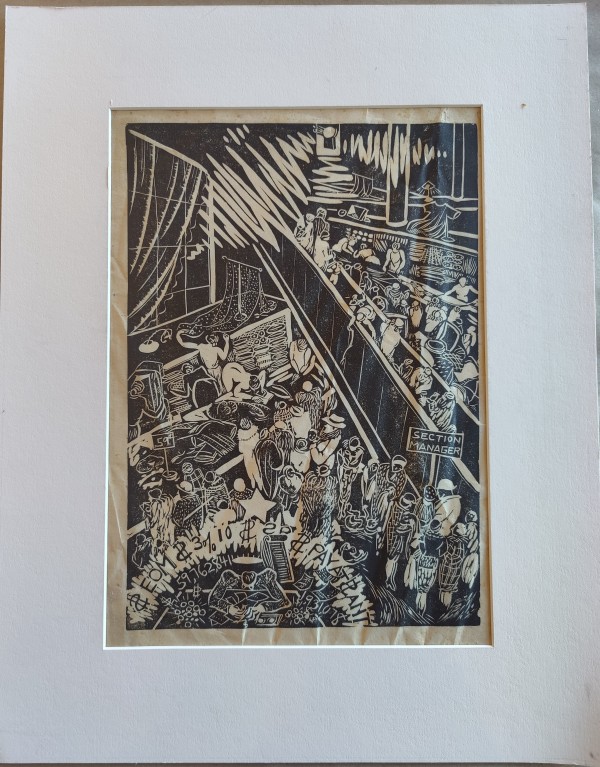 Untitled or Unknown Title, described as block print of a department store? Section Manager by Esther Webster