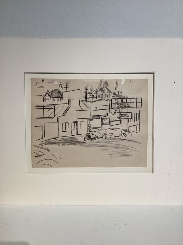 Untitled or unknown title, described as buildings with car by Esther Webster