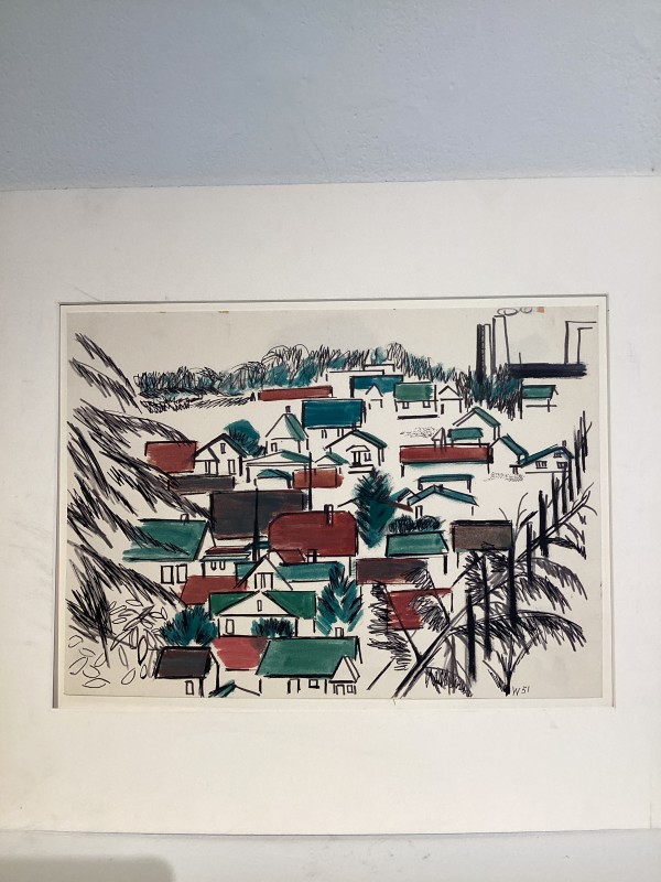 Untitled or unknown title, described as houses with mill in background by Esther Webster