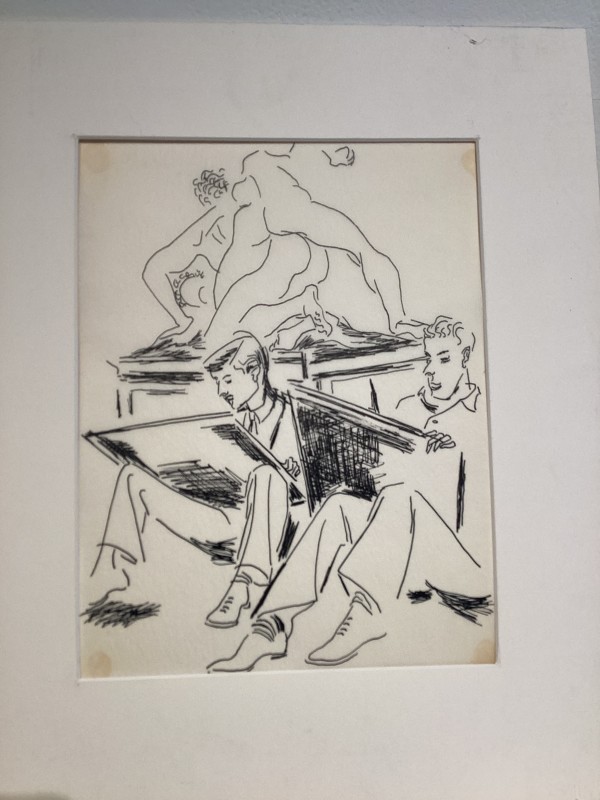 Untitled or unknown title, described as men sketching with a sculpture in the background by Esther Webster