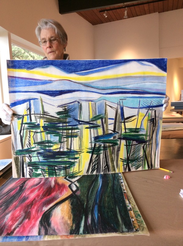 Trees with mountains, abstract by Esther Webster