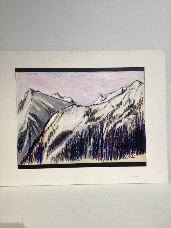 Blue trees, mountains purple sky by Esther Webster