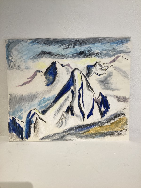 Untitled or unknown title, described as white and blue mountains with sky by Esther Webster