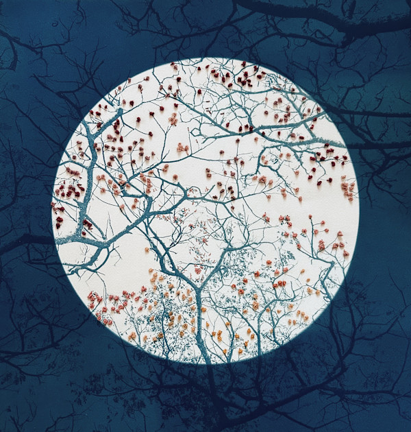 Mending Spring, 17.5 x 18 - natural dyed embroidery using walnut, cochineal and birch by Dora Somosi
