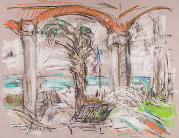 Beach Scene with Columns on Porch by Miriam McClung