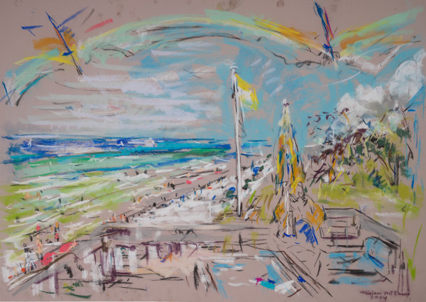 View of Inlet Beach Under Umbrella and Yellow Flag by Miriam McClung