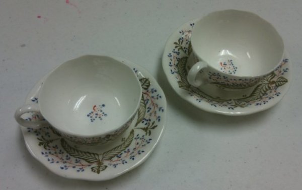 Set of 2 Cups with Saucers with Green and Blue Leaves and Flowers by Maker Unknown