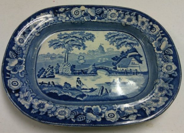 Blue and White Platter with Wild Rose Pattern