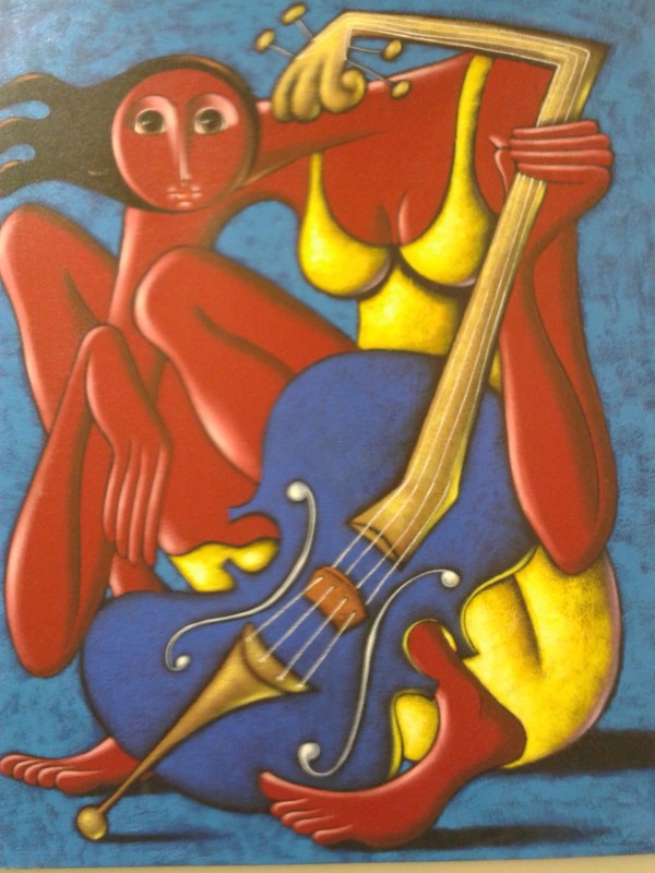 Lady Plays Bass in Yellow Dress by Alejandro Acevedo