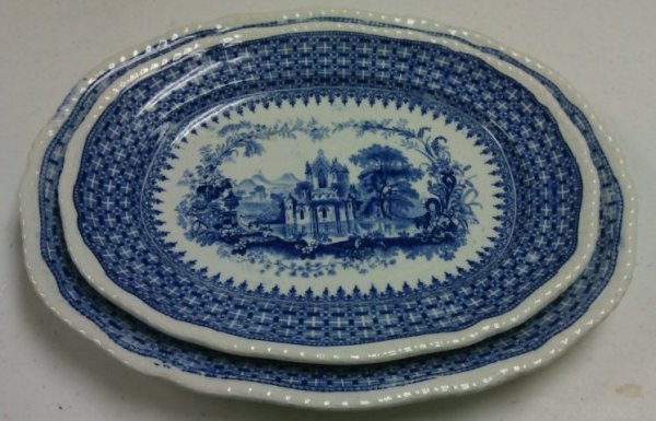 2 Large Blue and White Platters With The Gem Pattern