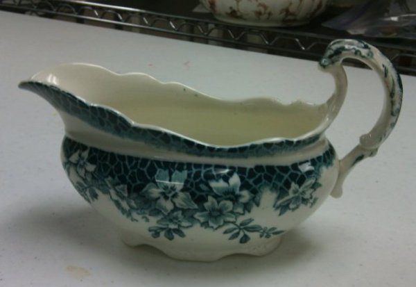 Blue and White Gravy Boat with Ruby Design by Maker Unknown