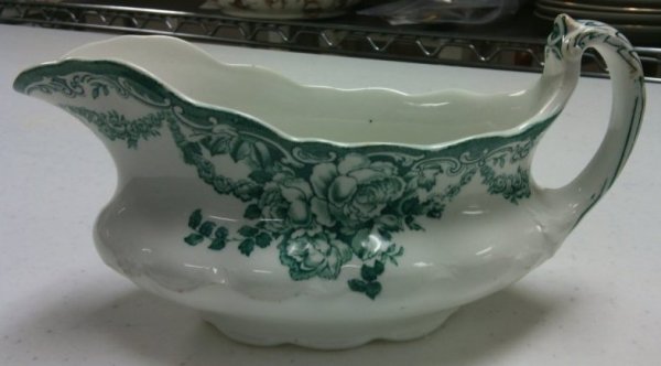 Green and White Floral Gravyboat by Alfred Meakin