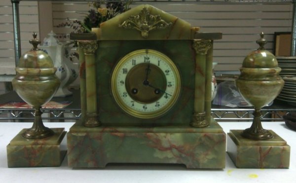 Onyx, French Clock with Matching Sconces by Maker Unknown