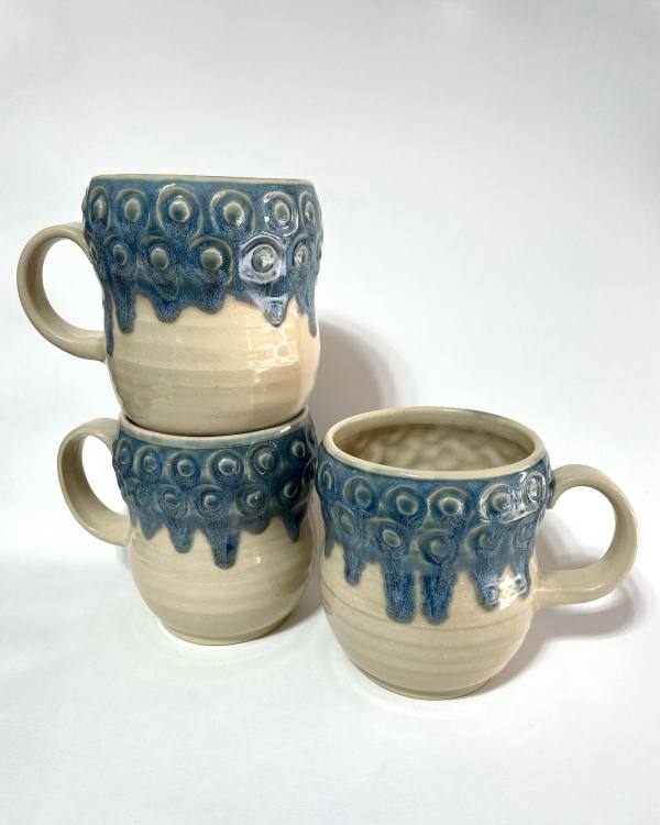 Blue drippy dot mugs by Jenn Cooper