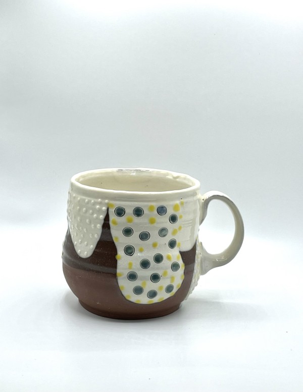 Terra cotta and white slip mug with teal and yellow by Jenn Cooper