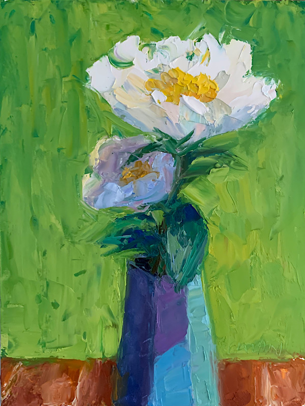 Two White Peonies in a Blue Vase by Maggie Capettini