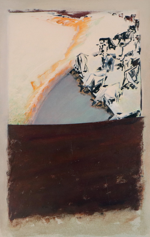 Cattle around dam with ploughed earth by Merrick Fry