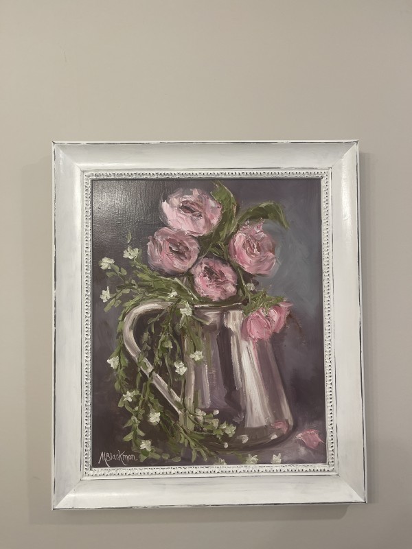 Pink Roses In Water Pitcher by Michelle Blackmon