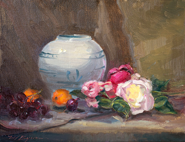 Roses & Blue Vase by MICHELE BYRNE