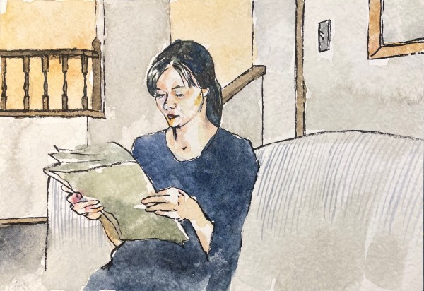 Girl Reading on a Pinstriped Couch by curtis bay