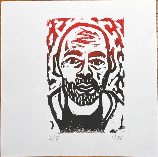 woodcut self-portrait by curtis bay