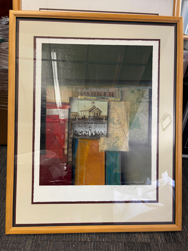 Town of Parker map, schoolhouse collage on paper by Anne Wallace