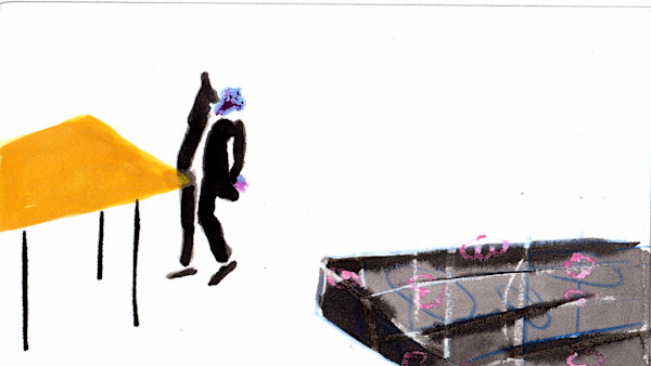 010home_015pain (Eulogist at yellow table in pain) by Sarah Jane Lapp