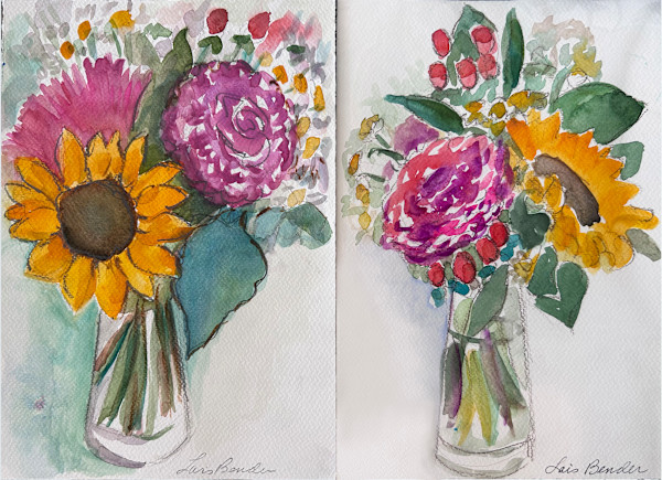 Sunflower Bud Vase Bouquet — 2 Studies by Lois Bender, Image 1.