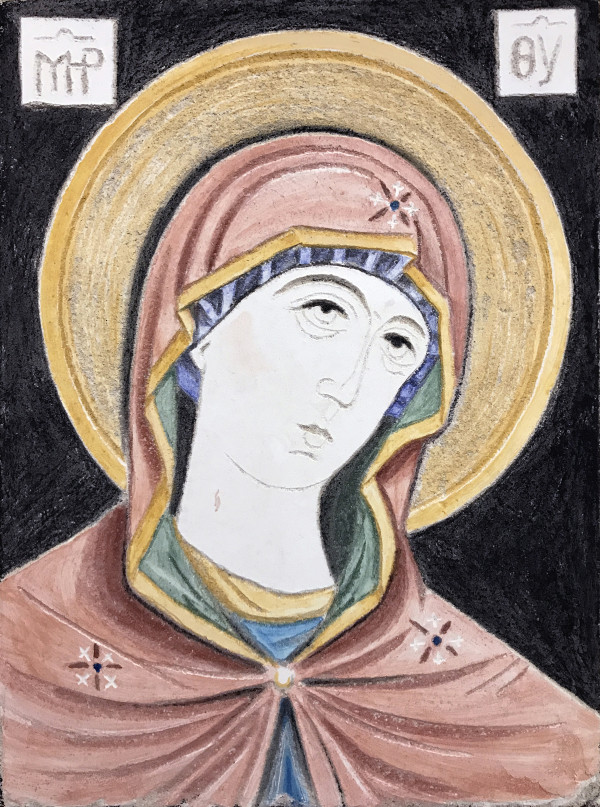 Mother of God after Andronicus Theotokos III - Sgraffito Fresco Icon by iLia Fresco