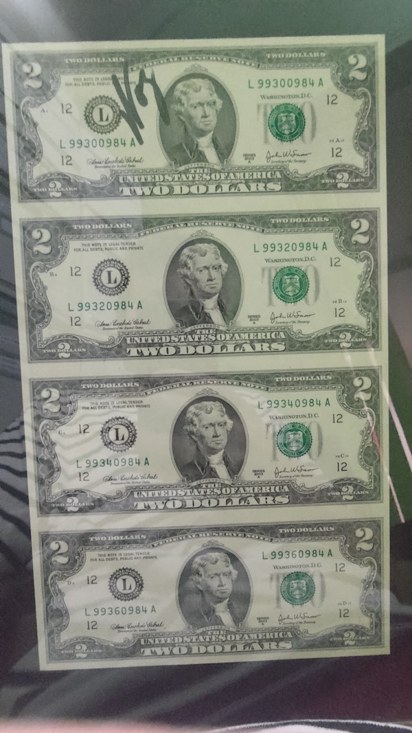 Two Dollar bill sheet pad signed by Steve Wozniak