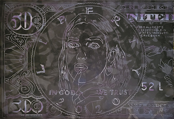 Dua Lip 50 Cent Bill - Black on Orchids by Maricela Sanchez, Image 1.