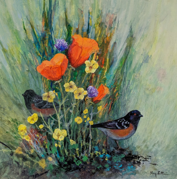 Towhee and Wildflowers by Floy Zittin