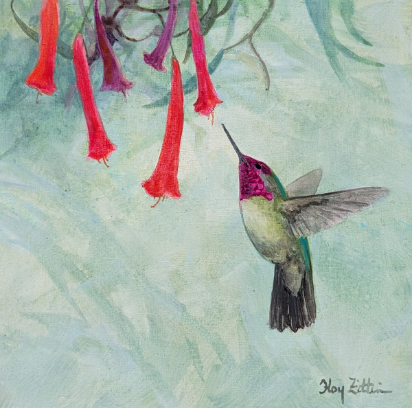 Hummingbird and Red Flowers by Floy Zittin