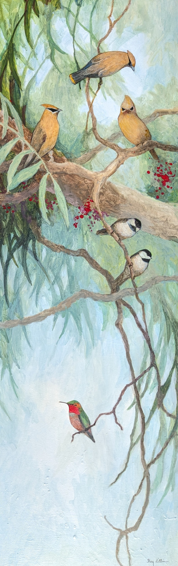 Waxwings, Chickadees and a Hummingbird by Floy Zittin