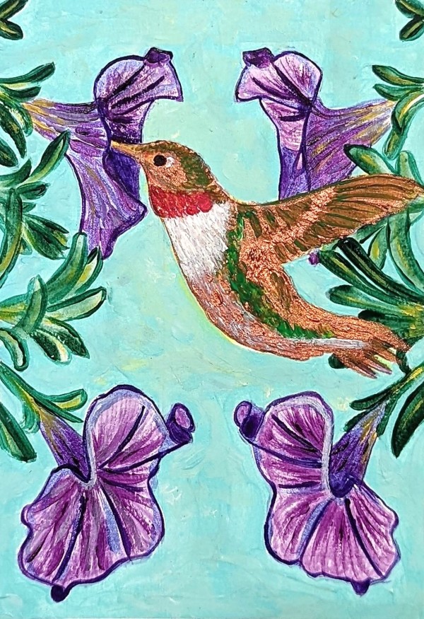 Hummingbird Visits Petunias by Roshni Patel