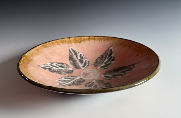 Wide bowl with leaf design in Sunrise Pink by Kristin Bernhardt Conrad