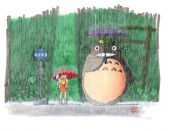 Satsuki, Mei, and Totoro at the busstop by Dave Astels