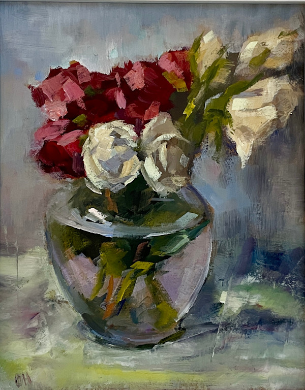 White/Red Roses In Glass Vase by Olga Hegner, Image 1.