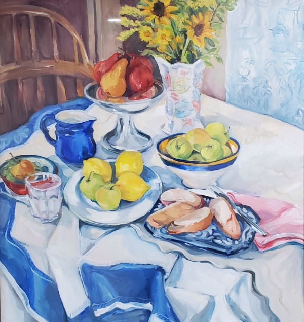 Still Life with Mother's Tablecloth by Paula Hauser-Leffel