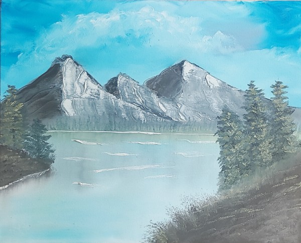 Bob Ross style mountain scene (NOT my design) by Wilmington Art Gallery