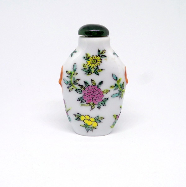 Oval Porcelain Chinese Snuff Bottle with Colorful Flower Painting and Jade Topper by Tristina Dietz Elmes