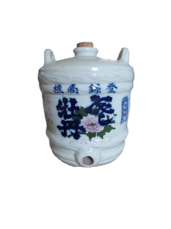 Blue and White Japanese Porcelain Barrel Shaped Antique Sake Jar #2 with Pink Flower on Front by Tristina Dietz Elmes
